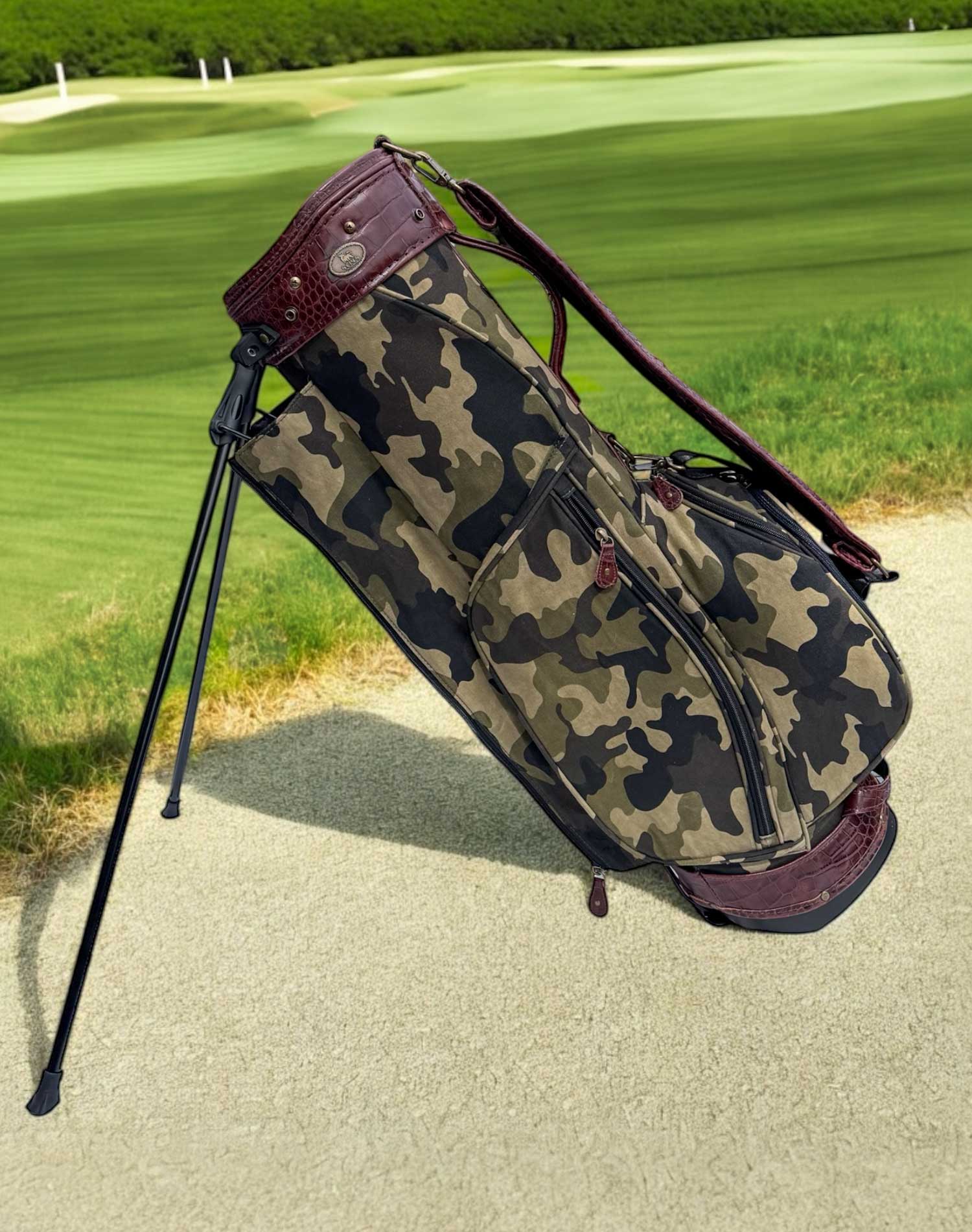 Leather Golf Bag Green Camo Canvas Croc Brown Accents - Stang Bag